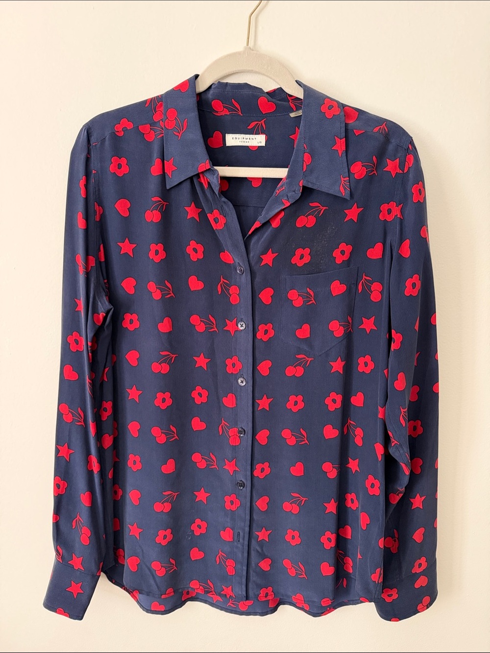 Equipment Navy Silk Button-Down Shirt with Red Heart, Cherry & Star Print